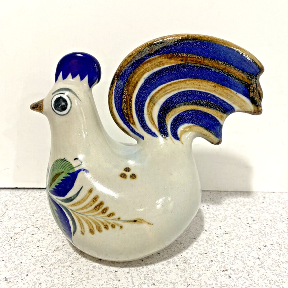 Vintage Tonala Art Pottery Chicken Bird Figure Figurine Blue Brown Green Floral - Picture 2 of 11